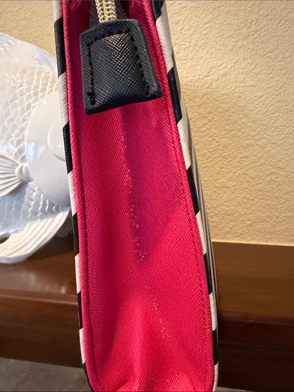 Betsey Johnson Black & White Diagonal Stripe Pouch with Pink Trim - Picture 6 of 9